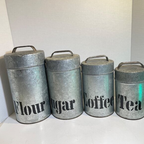 Vintage Vandor Imports Galvanized Metal Canister Set For Coffee Tea Sugar & Flou - Picture 7 of 15